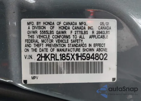 2001 Honda Odyssey Lx из США, поврежденный, VIN 2HKRL185X1H594802